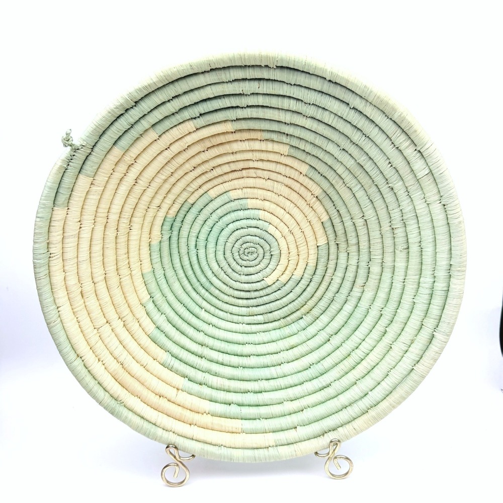 Coiled Grass Basket Woven Bowl Light Mint Cream 11in Handcrafted Gullah Decor